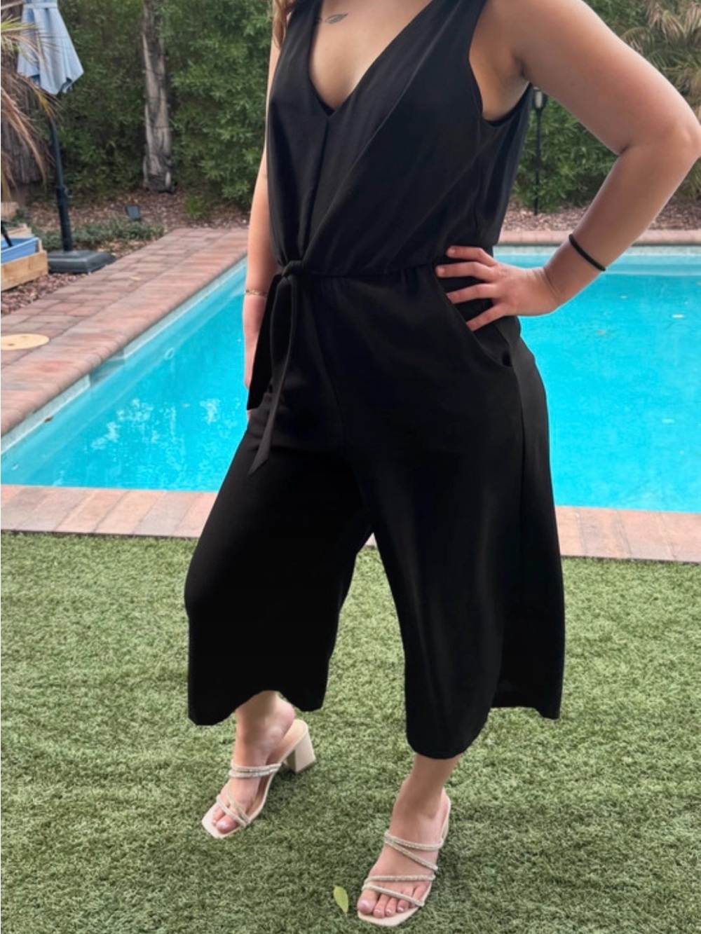As U Wish Black Sleeveless Tie-Waist Cropped Jumpsuit